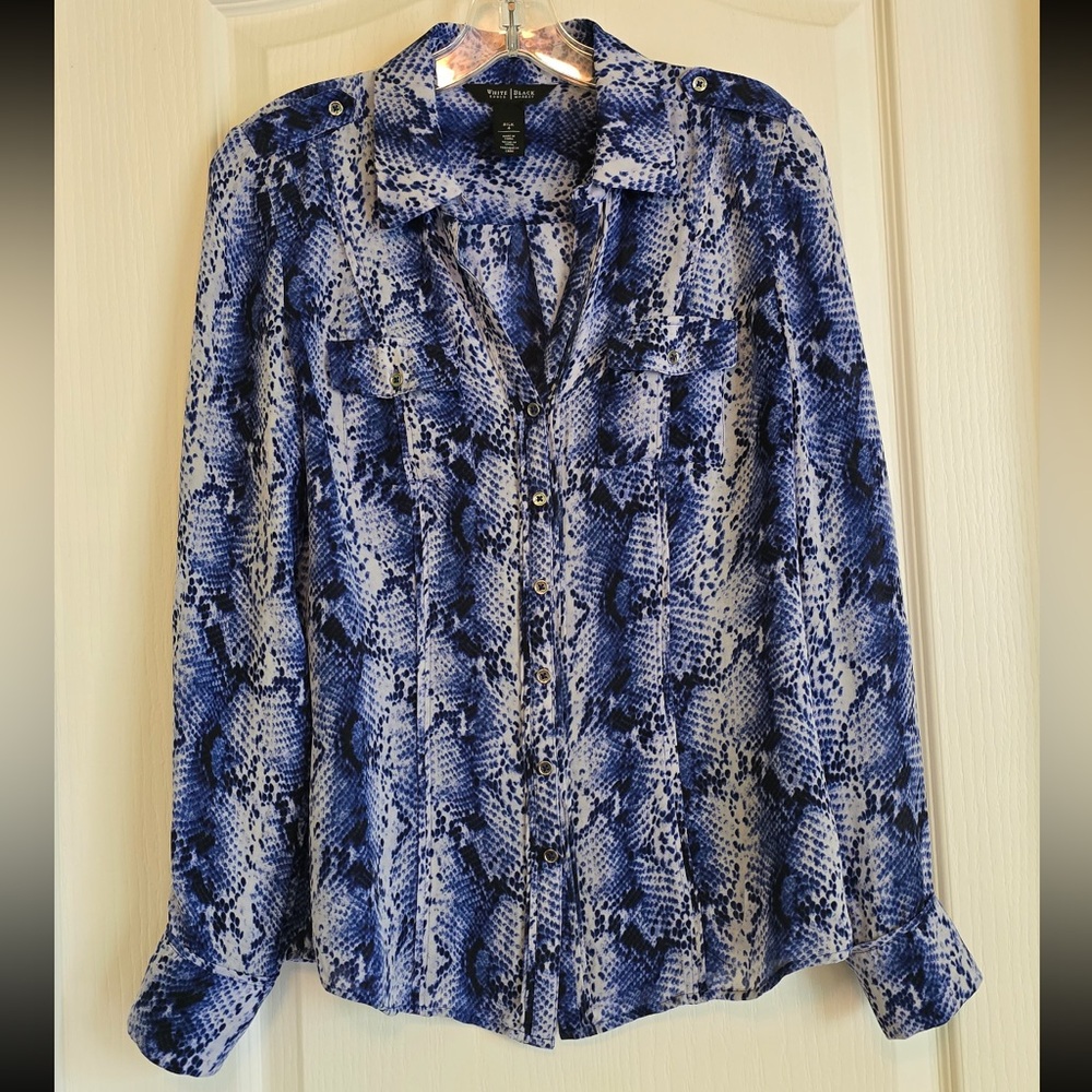 White House Black Market Blue Patterned Silk Blouse